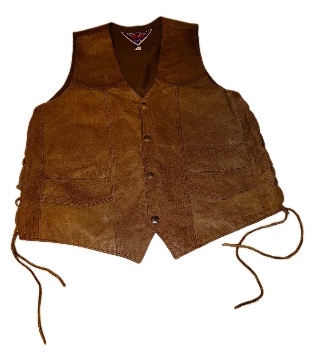 Vintage MOB Genuine Leather Brown Motorcycle Biker Vest Size Medium Laced Sides